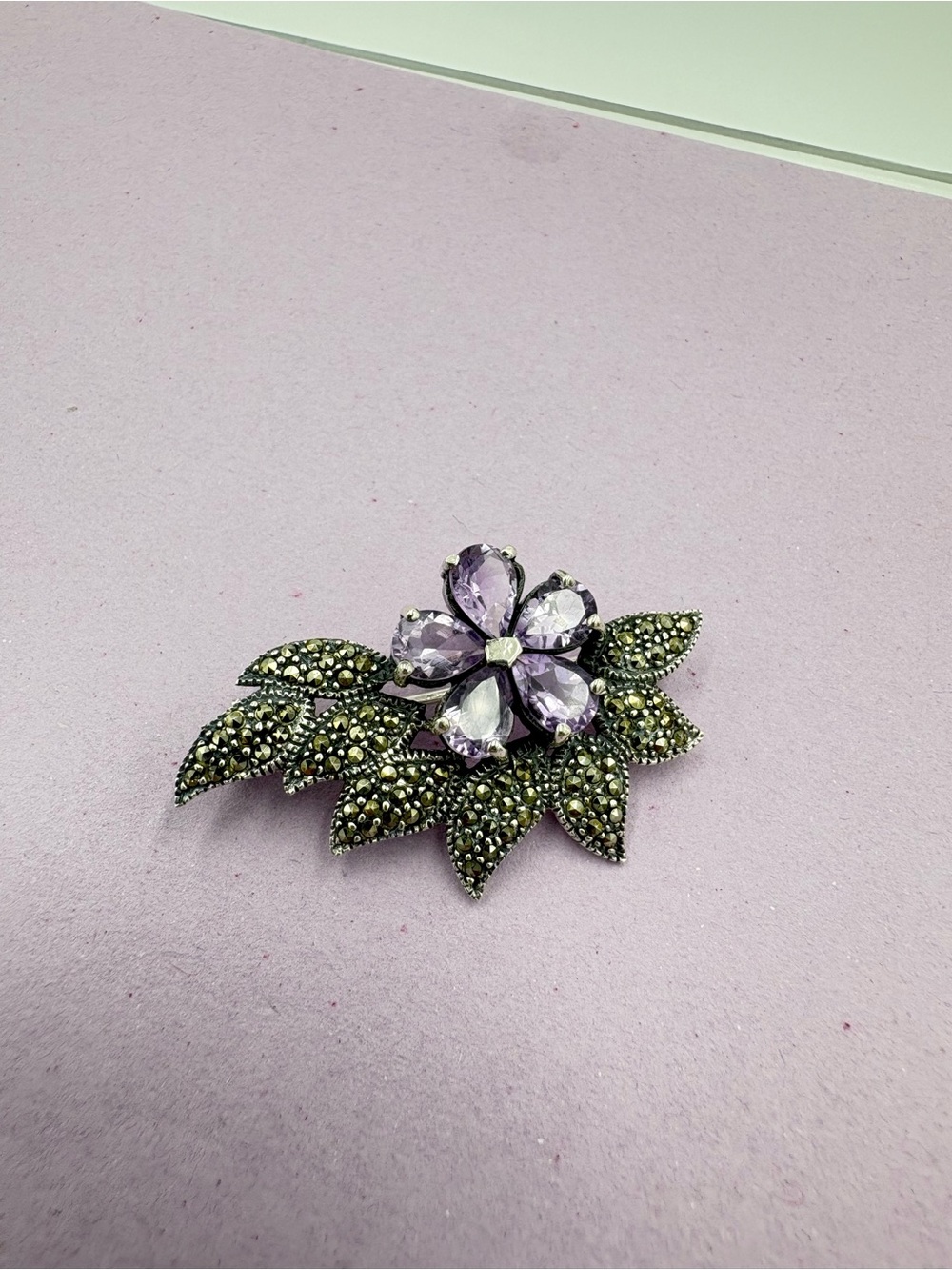 Vintage Art Deco Sterling Silver Amethyst & Marcasite Floral Brooch